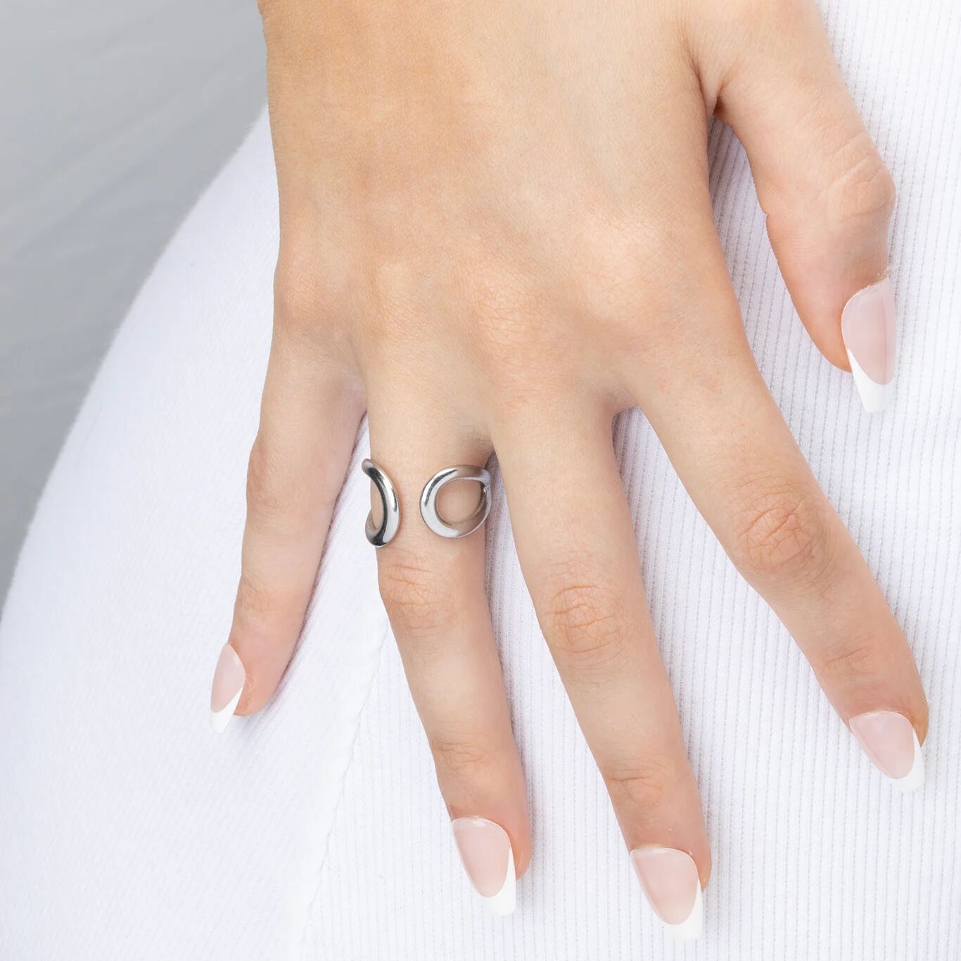 18K Gold PVD Stainless Steel Crescent Cuff Adjustable Ring - silver model