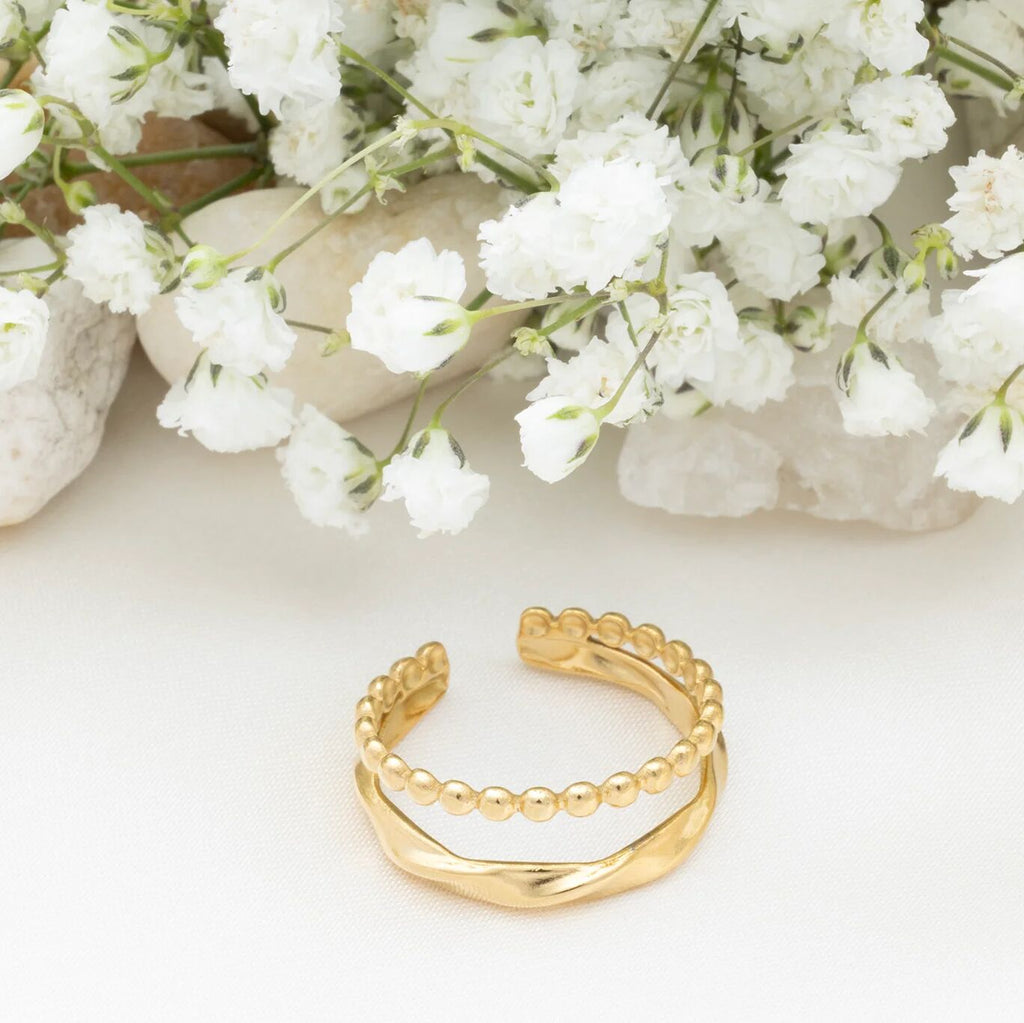 18K Gold PVD Stainless Steel Double Beaded Adjustable Ring- gold studio