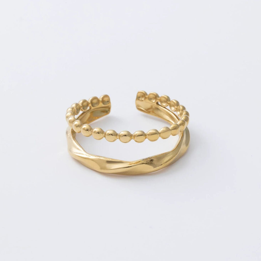 18K Gold PVD Stainless Steel Double Beaded Adjustable Ring- gold studio