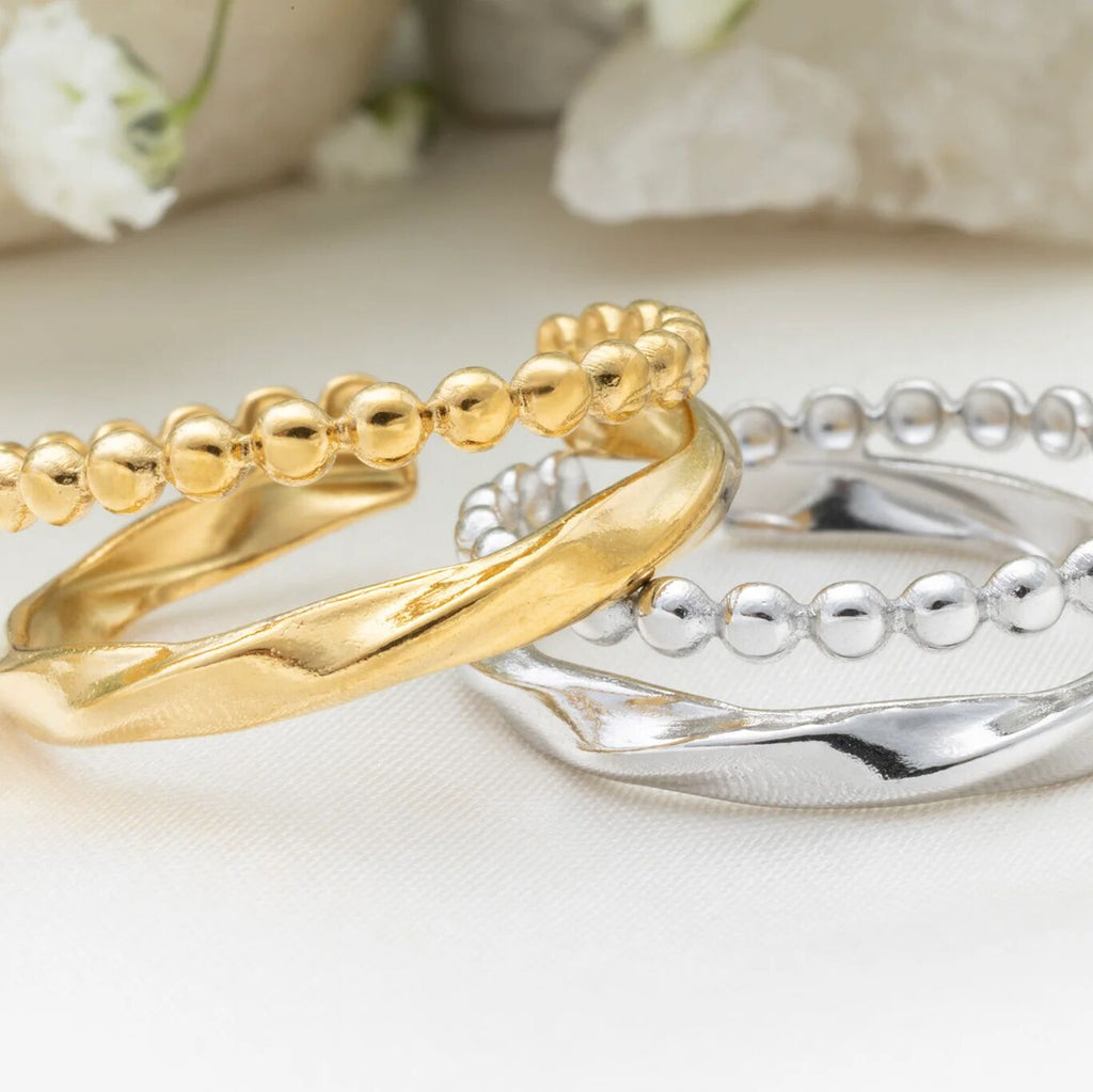 18K Gold PVD Stainless Steel Double Beaded Adjustable Ring- gold and silver studio
