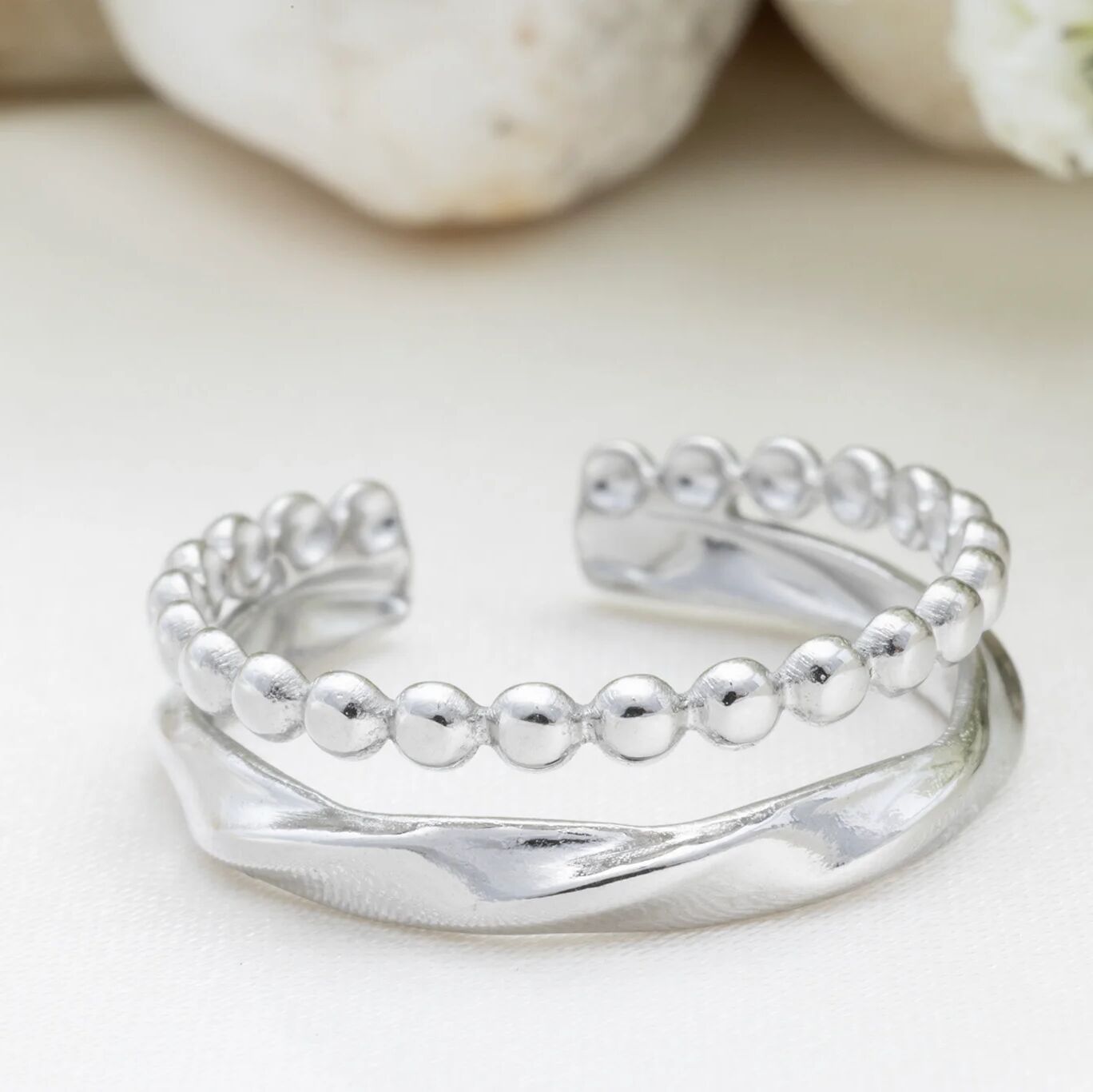18K Gold PVD Stainless Steel Double Beaded Adjustable Ring- silver studio