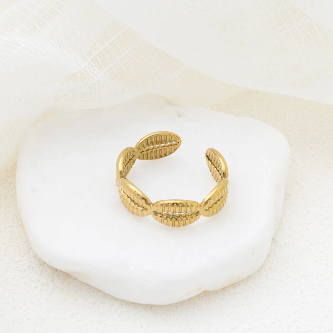18K Gold PVD Stainless Steel Petite Petal Adjustable Ring- gold studio