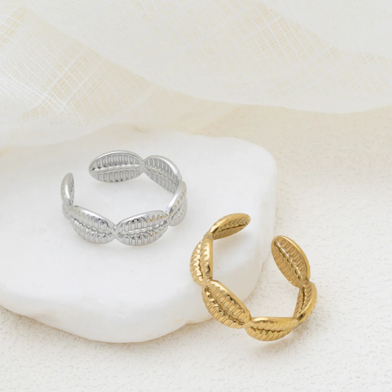 18K Gold PVD Stainless Steel Petite Petal Adjustable Ring- gold and silver studio