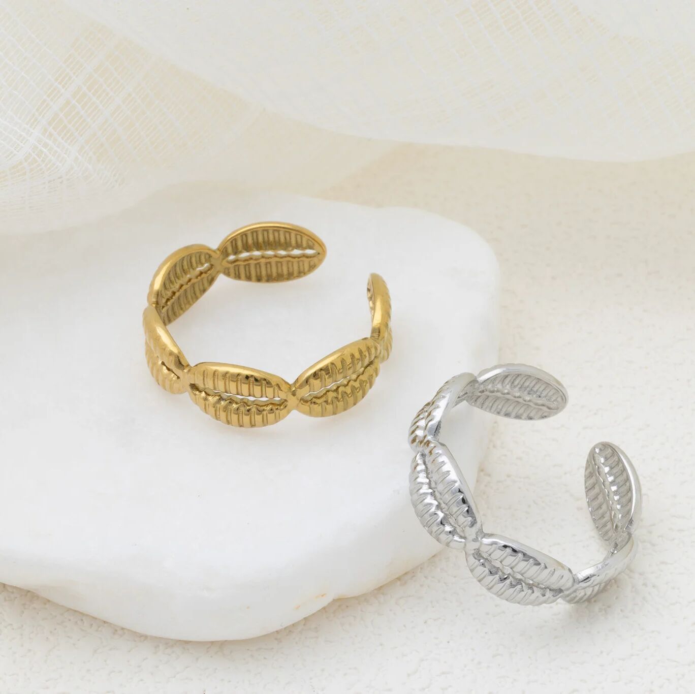 18K Gold PVD Stainless Steel Petite Petal Adjustable Ring- gold and silver studio
