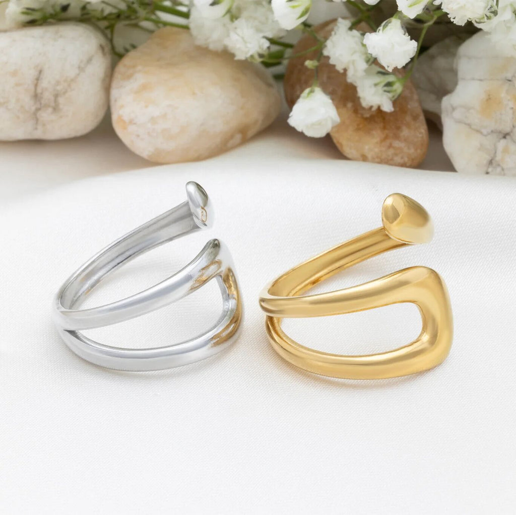 18K Gold PVD Stainless Steel Twisted Spiral Cuff Ring- gold and silver studio
