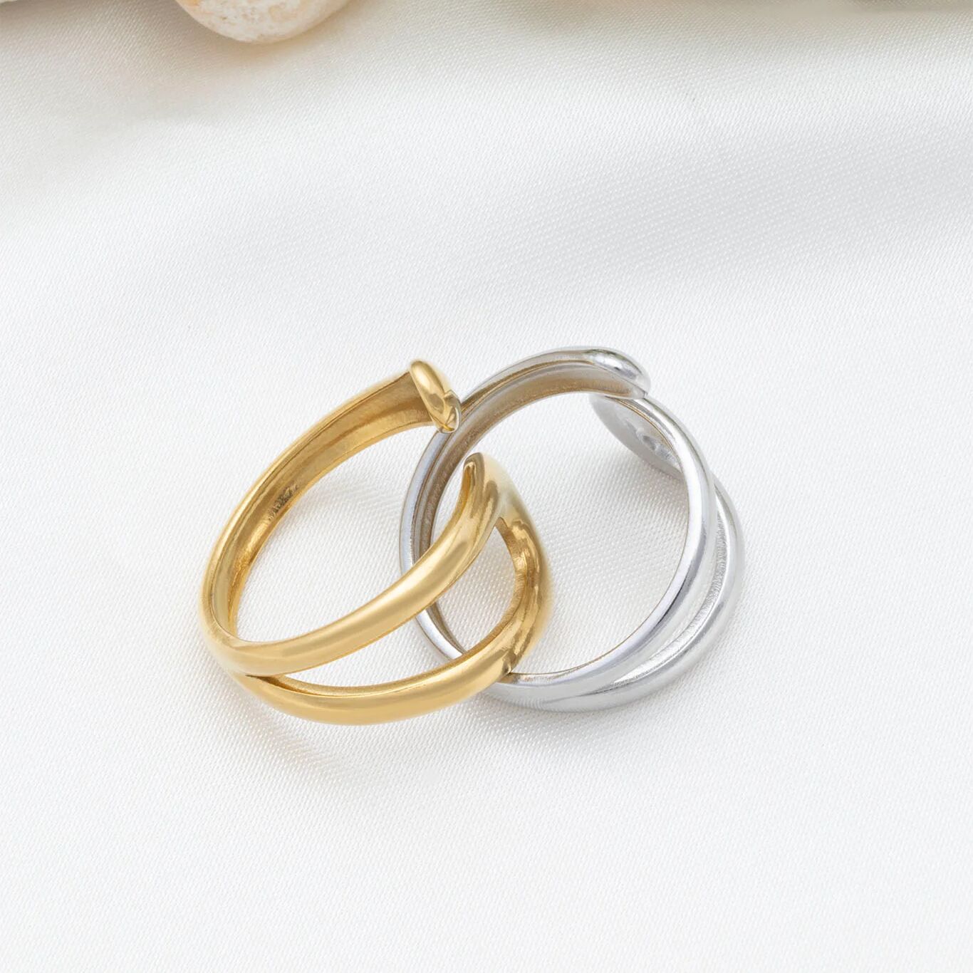 18K Gold PVD Stainless Steel Twisted Spiral Cuff Ring- gold and silver studio