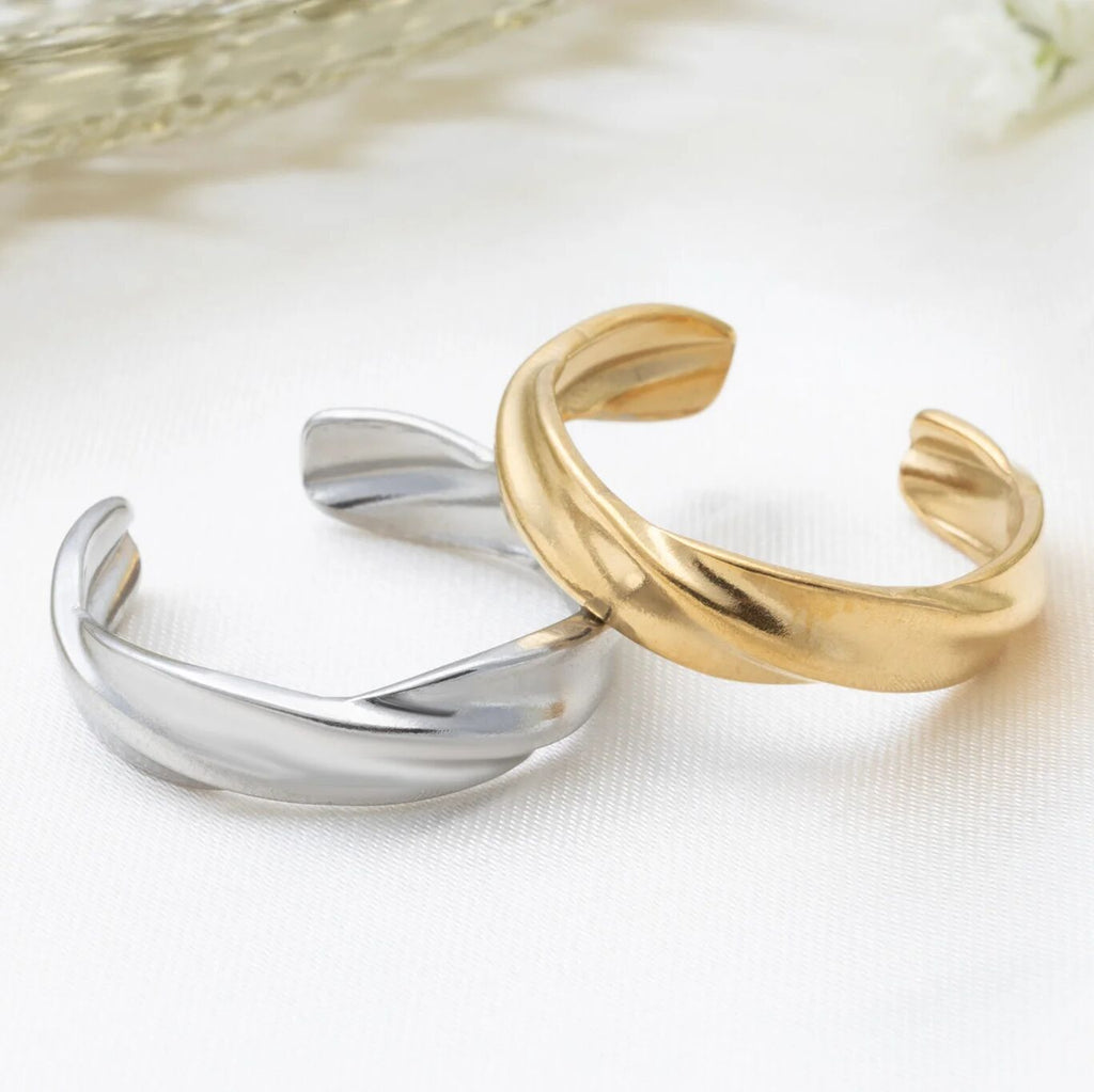 18K Gold PVD Stainless Steel Twist Open Adjustable Ring- gold and silver studio