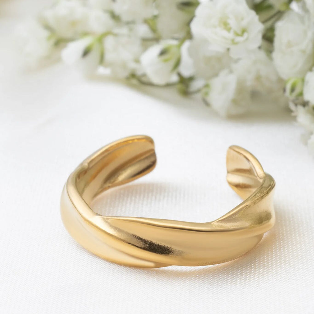 18K Gold PVD Stainless Steel Twist Open Adjustable Ring- gold studio