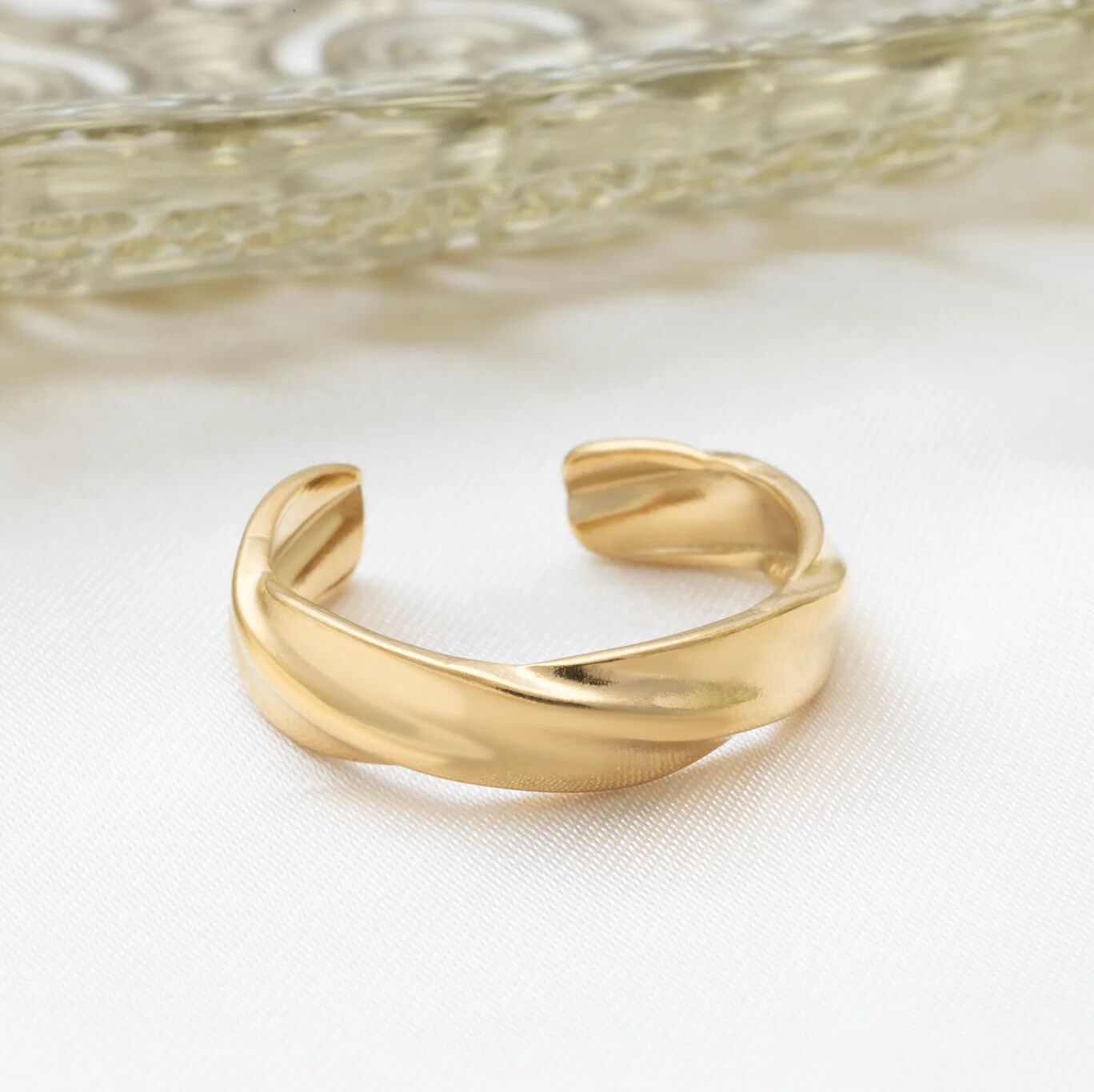 18K Gold PVD Stainless Steel Twist Open Adjustable Ring- gold studio