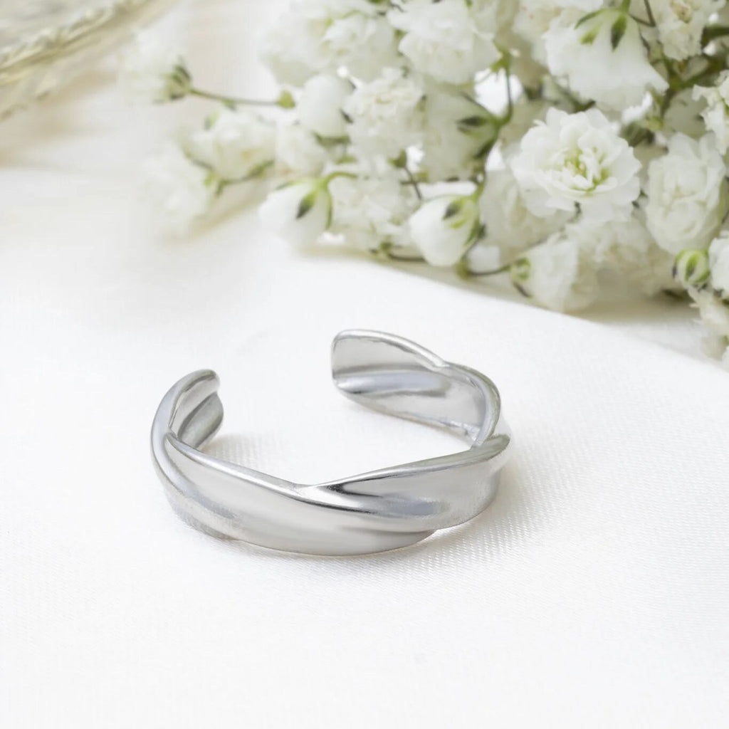 18K Gold PVD Stainless Steel Twist Open Adjustable Ring- silver studio