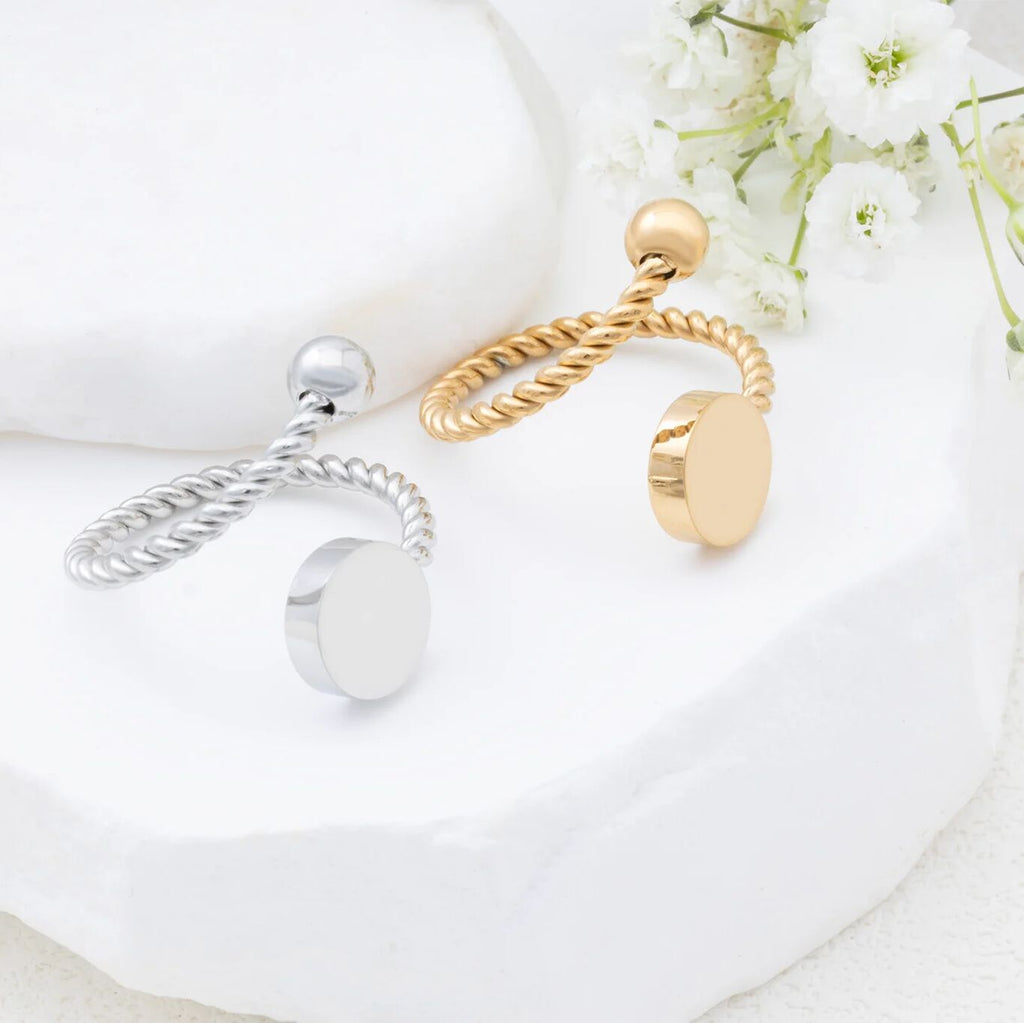 18K Gold PVD Stainless Steel Engraveable Adjustable Ring- silver and gold studio