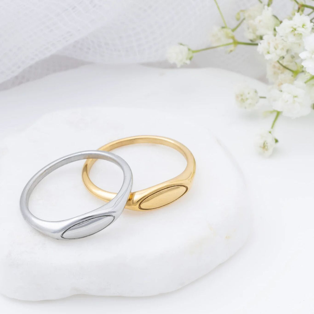 18K Gold PVD Stainless Steel Dainty Oval Blank Stack Ring- gold and silver studio