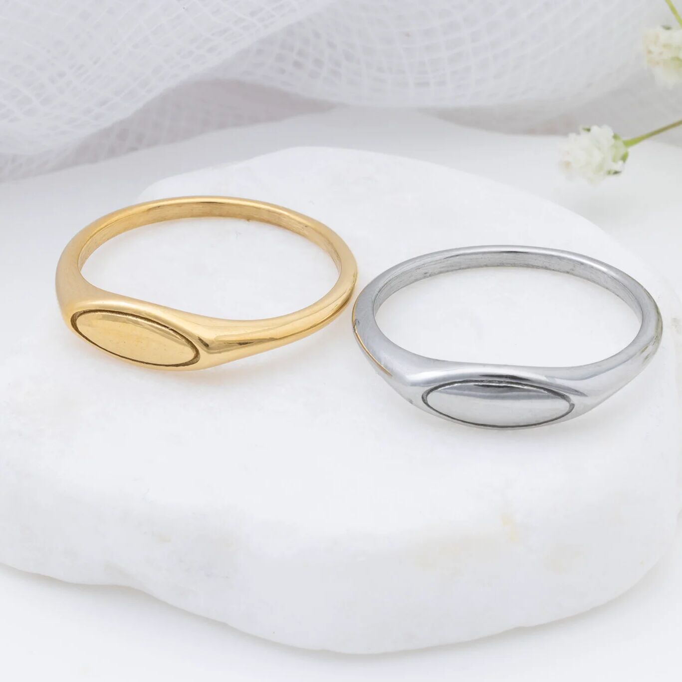 18K Gold PVD Stainless Steel Dainty Oval Blank Stack Ring- gold and silver studio
