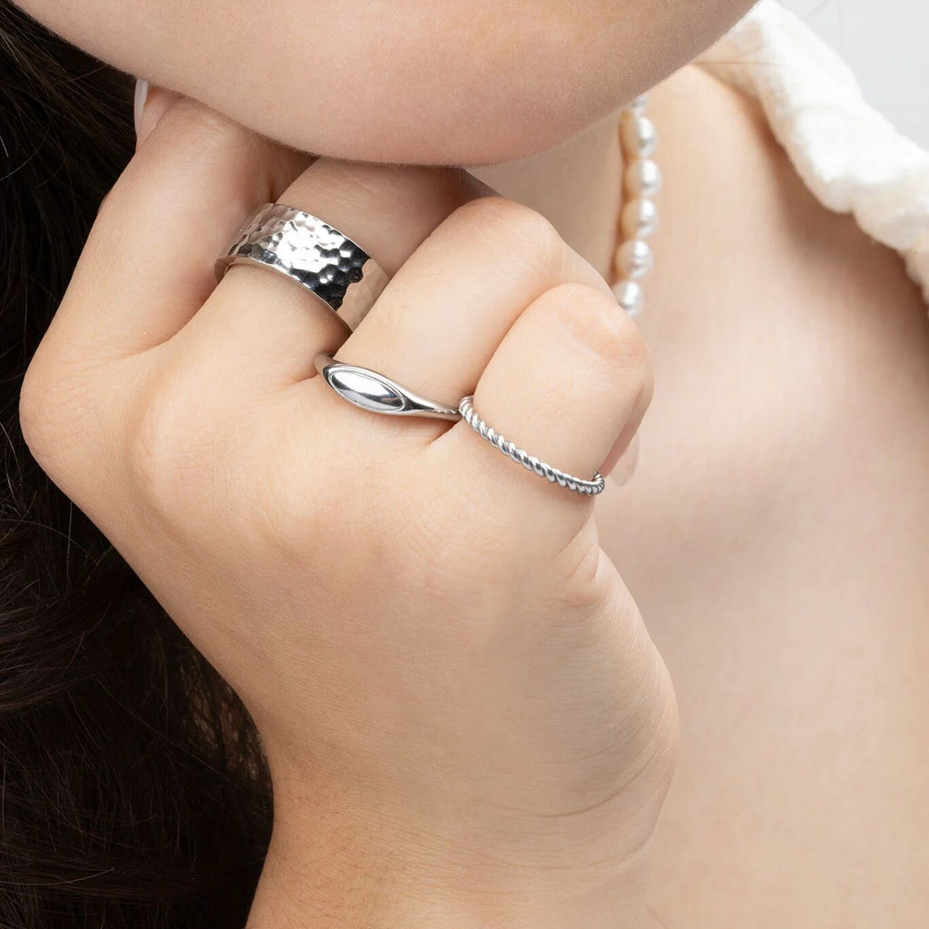 18K Gold PVD Stainless Steel Dainty Oval Blank Stack Ring- silver model