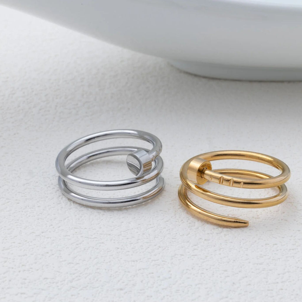 18K Gold PVD Stainless Steel Twisted Nail Ring- Stainless and gold studio