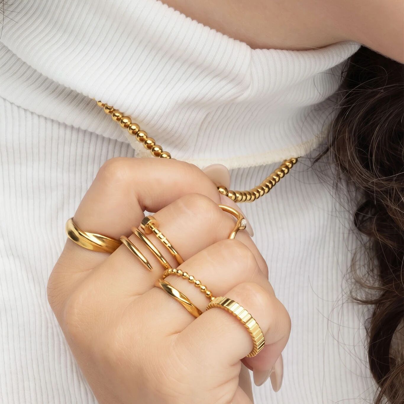 18K Gold PVD Stainless Steel Twisted Nail Ring- Gold model