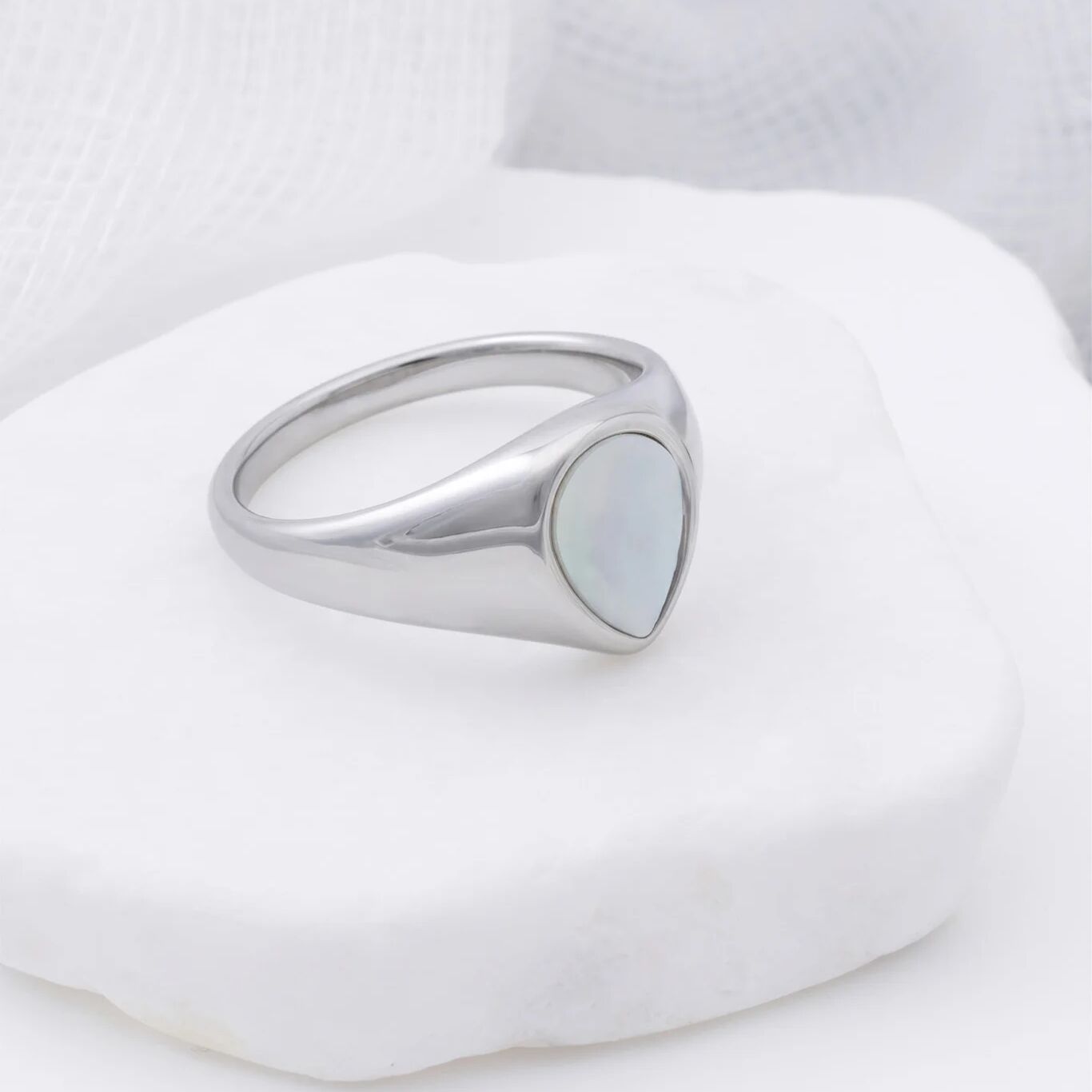 18K Gold PVD Stainless Steel Tear Drop MOP Signet Ring- silver studio
