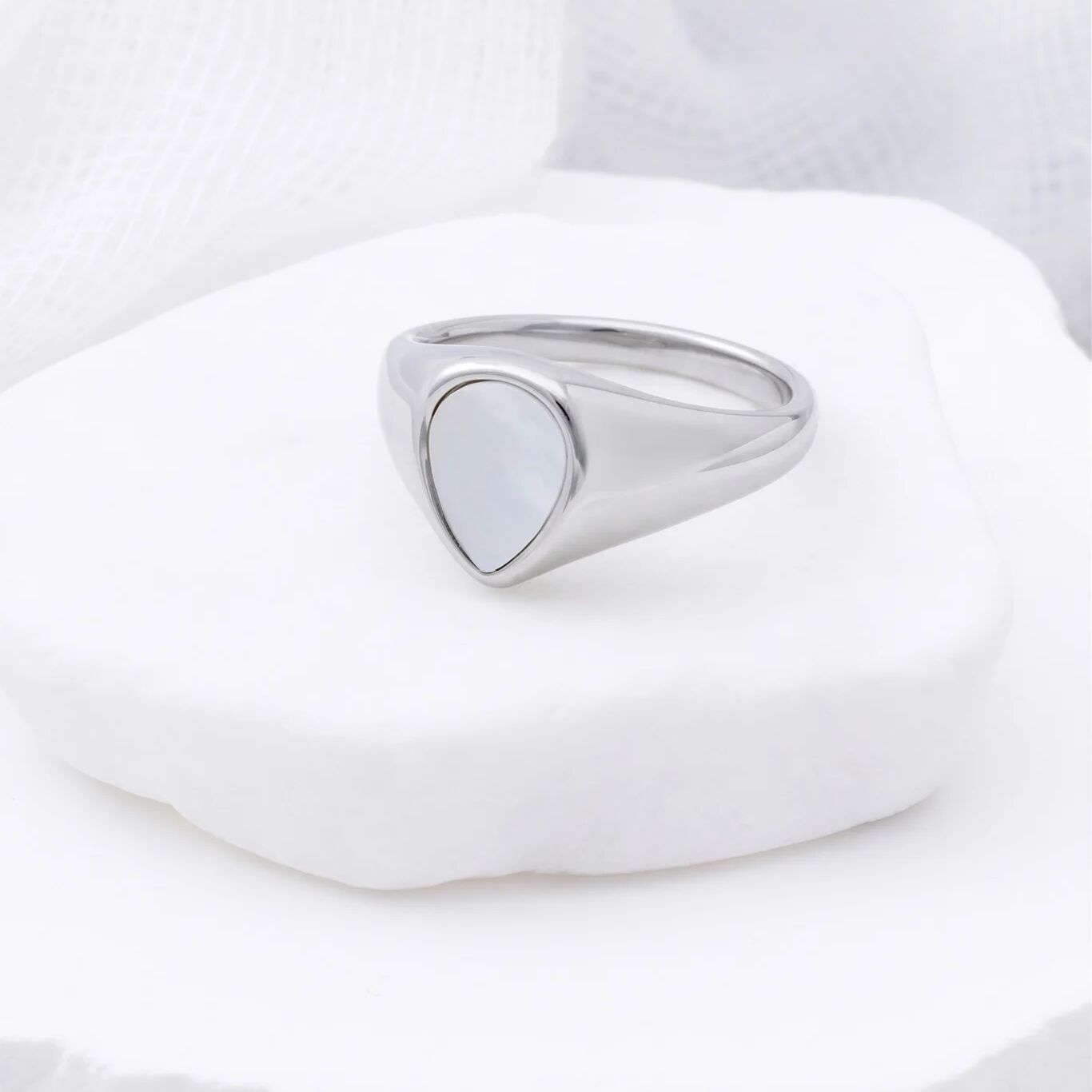 18K Gold PVD Stainless Steel Tear Drop MOP Signet Ring- silver studio