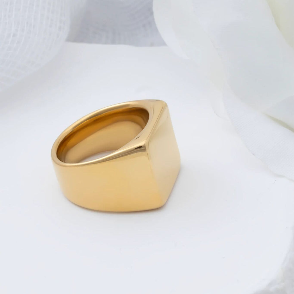 18K Gold PVD Stainless Steel Square Signet Ring- gold studio
