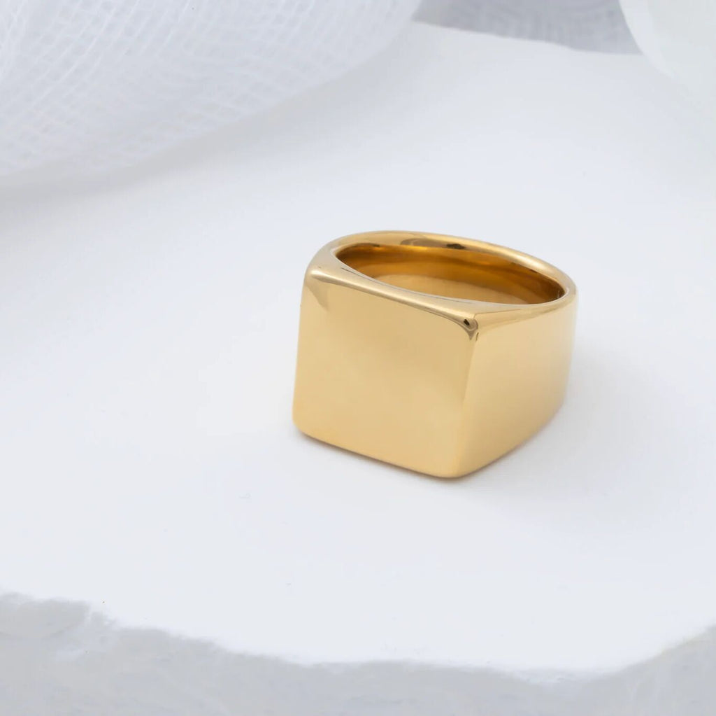 18K Gold PVD Stainless Steel Square Signet Ring- gold studio