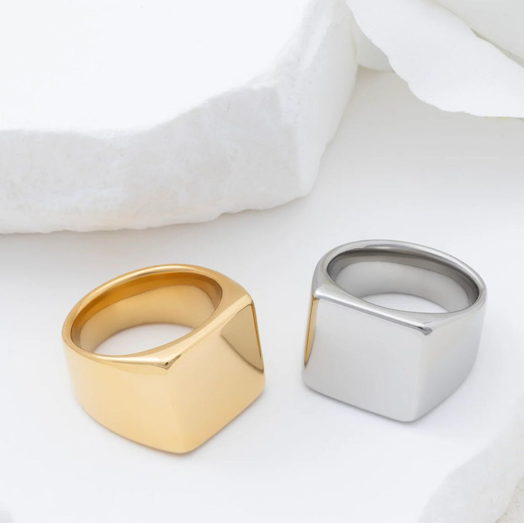 18K Gold PVD Stainless Steel Square Signet Ring- gold and silver studio