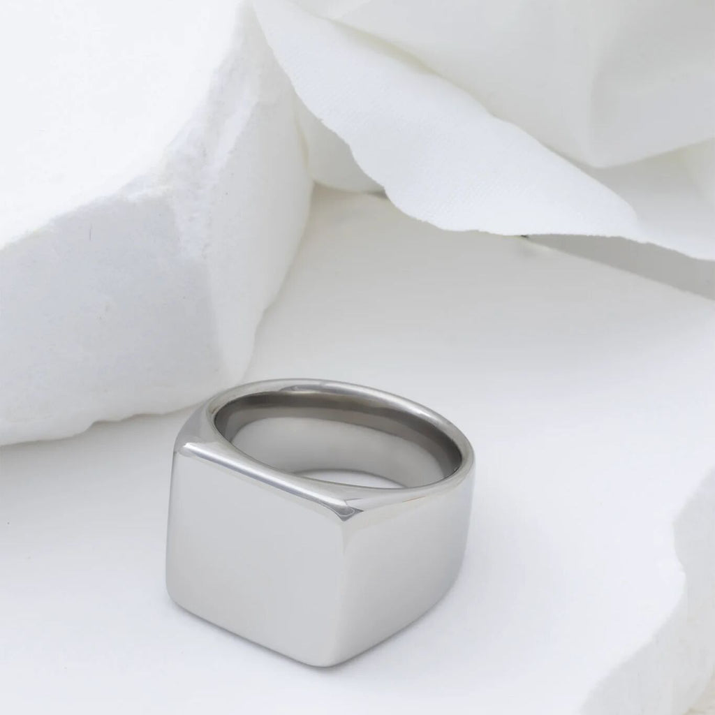 18K Gold PVD Stainless Steel Square Signet Ring- silver studio