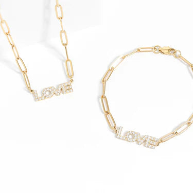 18K Gold PVD Stainless Steel Stone "Love" Paperclip Chain Necklace