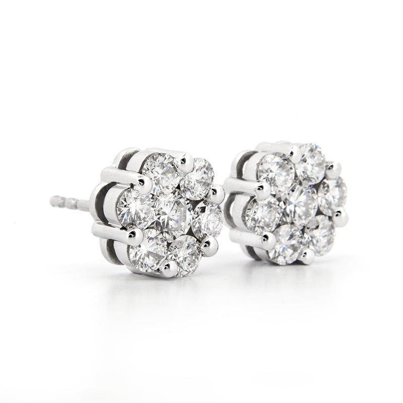 Lab Diamond Stud Earrings – 2 Carat Floral Cluster Design | 14kt White Gold