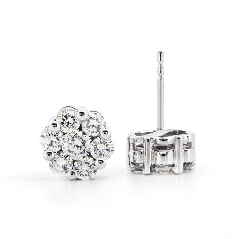Lab Diamond Stud Earrings – 2 Carat Floral Cluster Design | 14kt White Gold