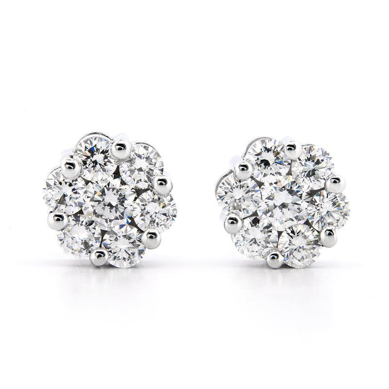Lab Diamond Stud Earrings – 2 Carat Floral Cluster Design | 14kt White Gold
