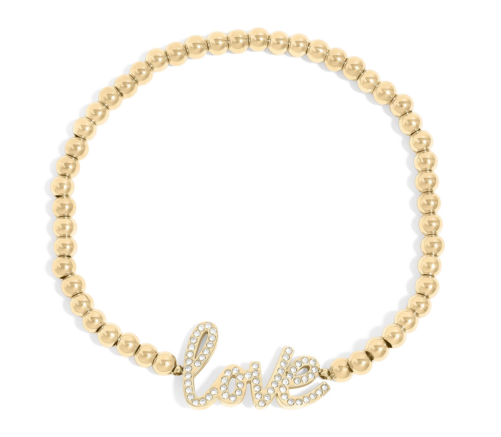 Gold Beaded Bracelet – 18K Gold Stretch Stainless Steel With Love Charm