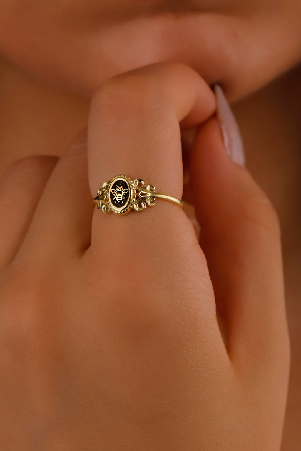 Honey Bee Ring, 925 Sterling Silver Signet Pinky Ring