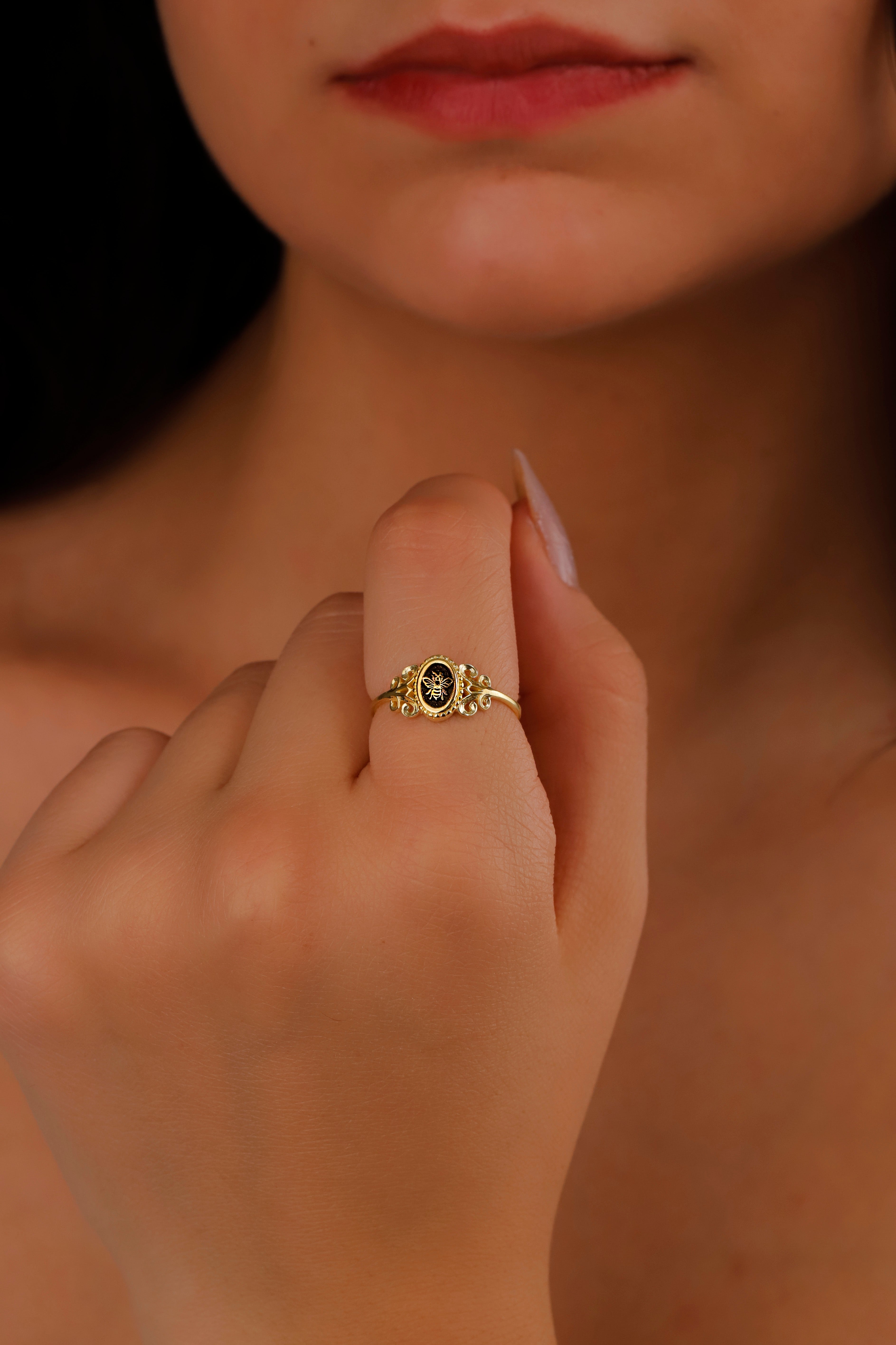 Honey Bee Ring, 925 Sterling Silver Signet Pinky Ring