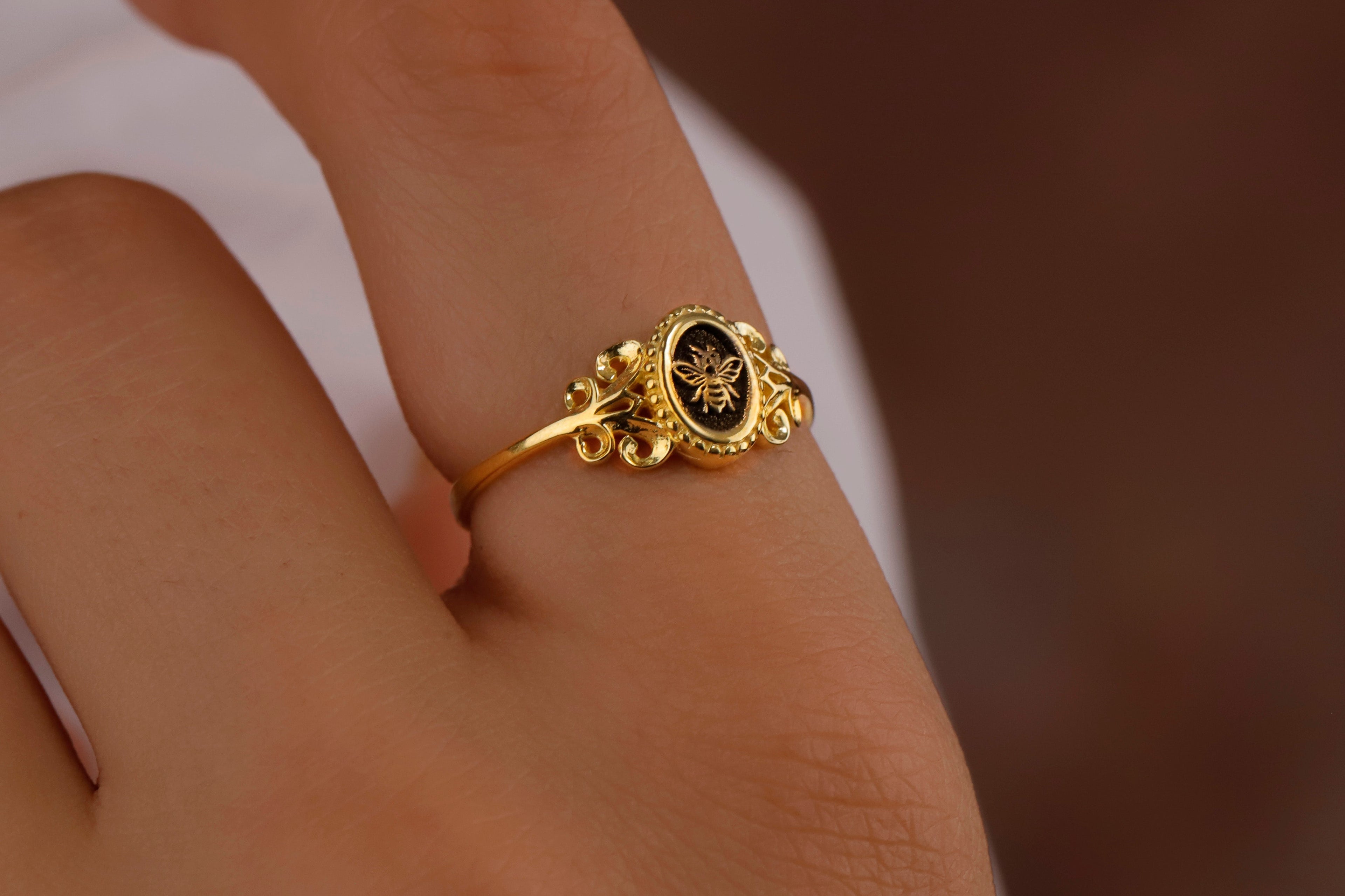 Honey Bee Ring, 925 Sterling Silver Signet Pinky Ring