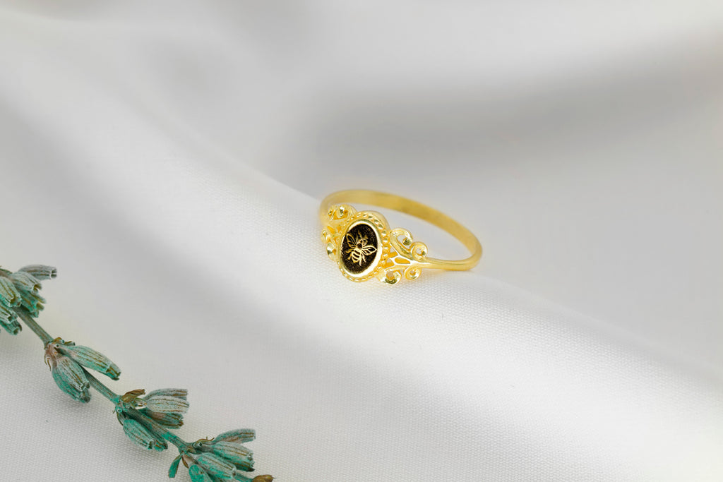 Honey Bee Ring, 925 Sterling Silver Signet Pinky Ring