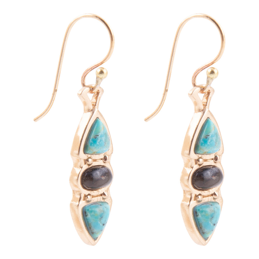 Blue Turquoise and Grey Labradorite Golden Drop Earrings