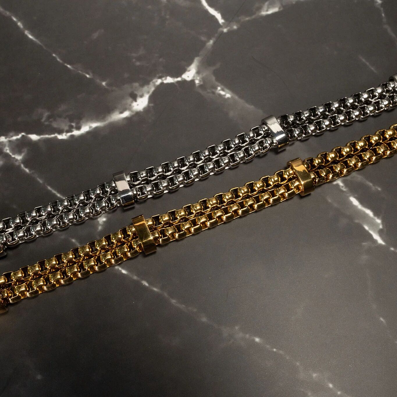 18K Gold PVD Double Chain Metal Clasp Bracelet- gold and silver studio 