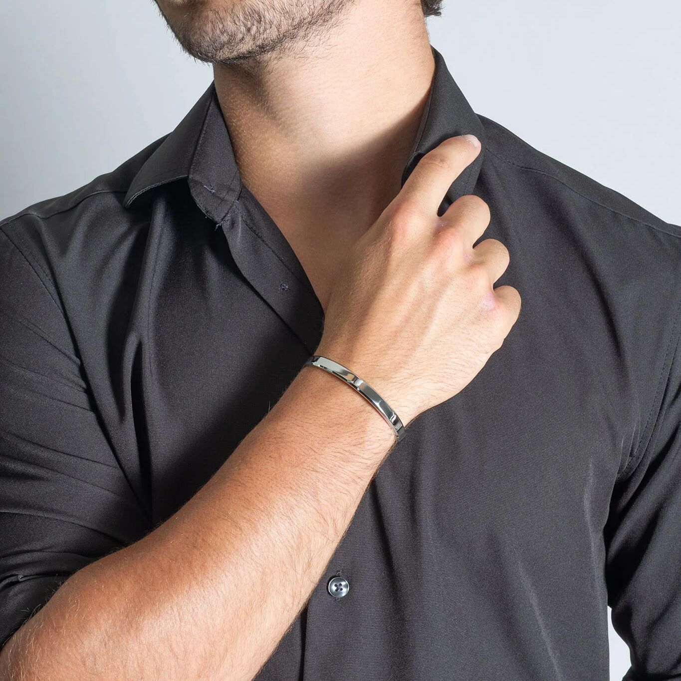 18K Gold PVD Mens Metal Cuff Bracelet - silver model