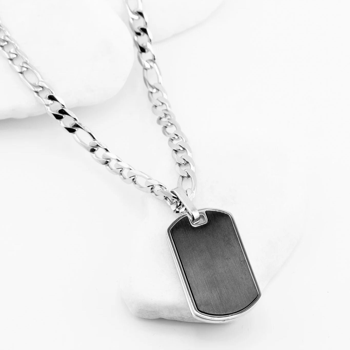 Mens Brushed Stainless Steel and Black Dog Tag - studio 