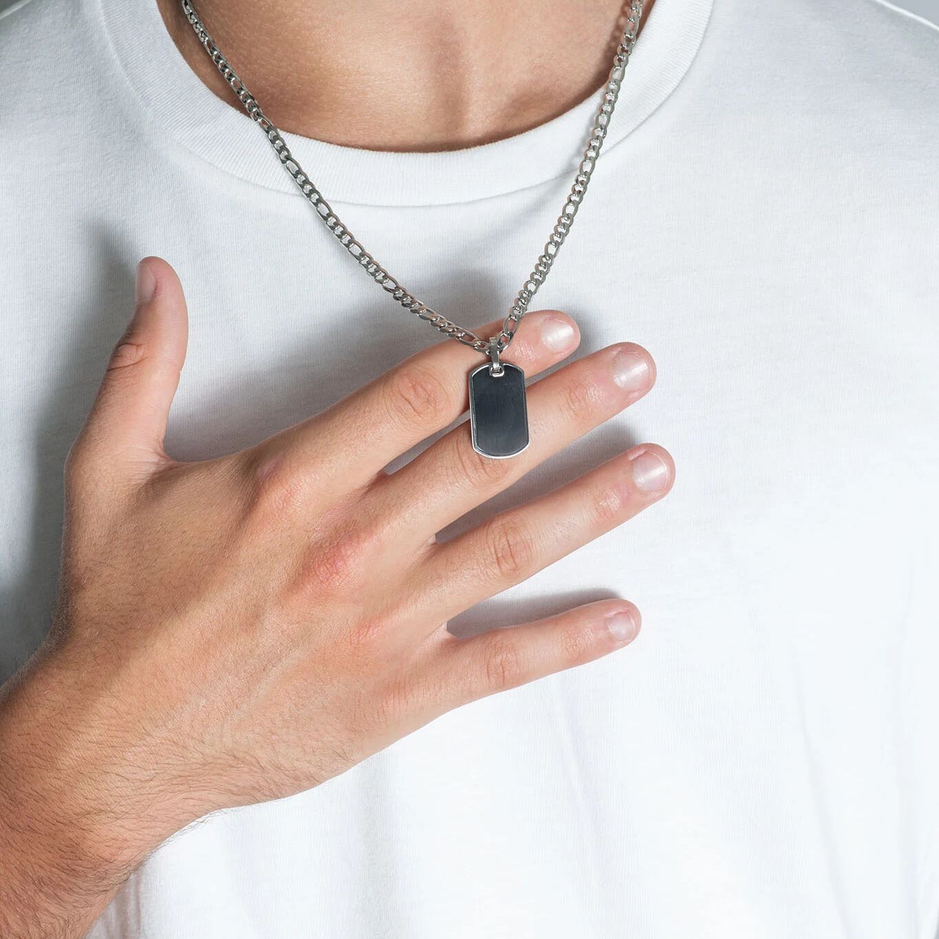 Mens Brushed Stainless Steel and Black Dog Tag - model  