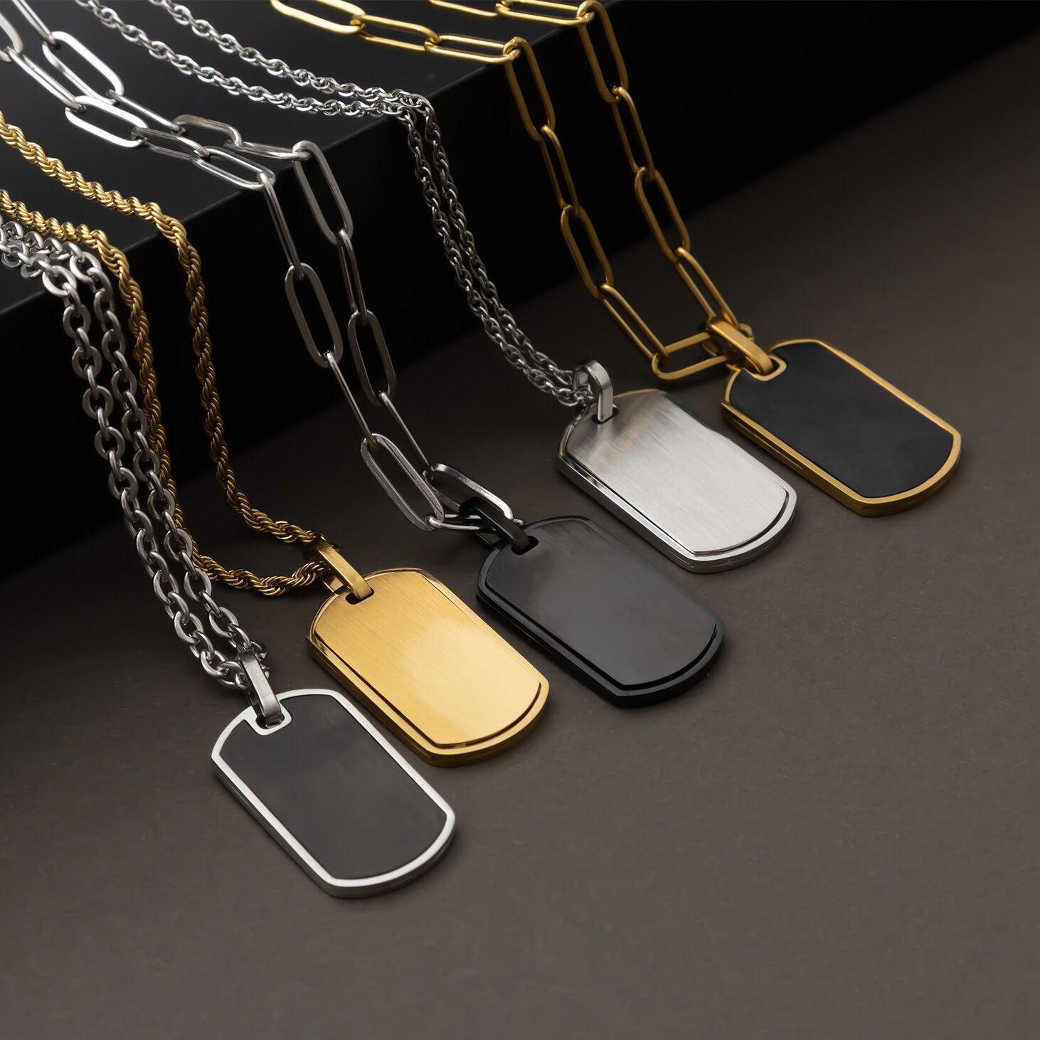 Mens Brushed Stainless Steel and Black Dog Tag - studio- group shot  