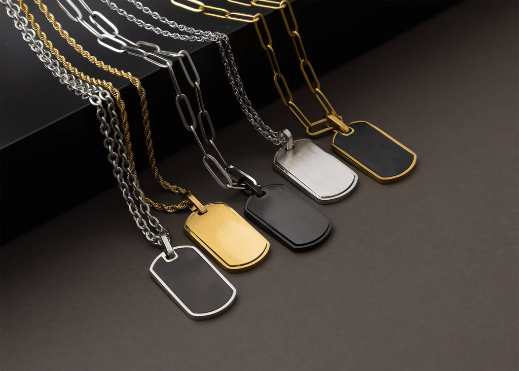 Mens Brushed Stainless Steel and Black Dog Tag