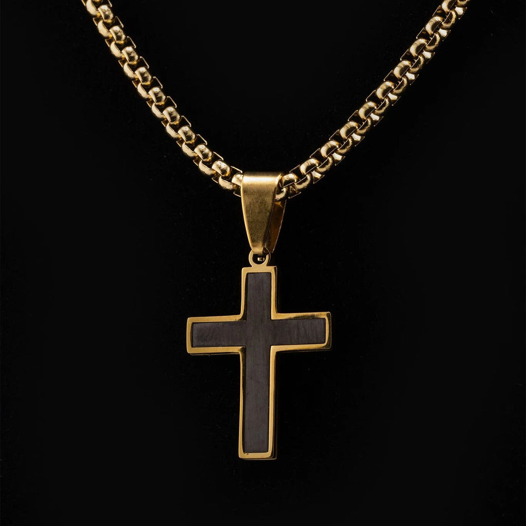 Mens Matte Black Stainless Steel Cross- gold studio 