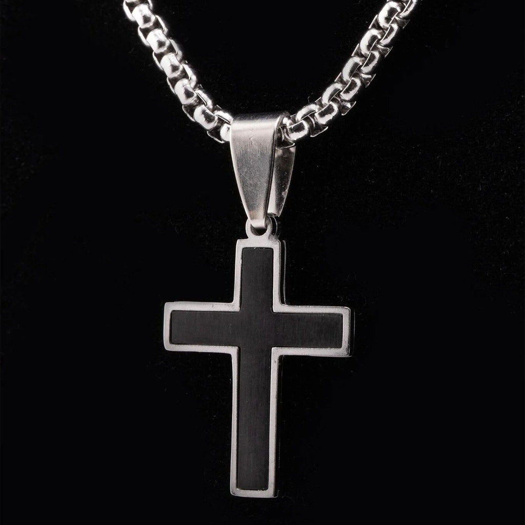 Mens Matte Black Stainless Steel Cross- silver studio 