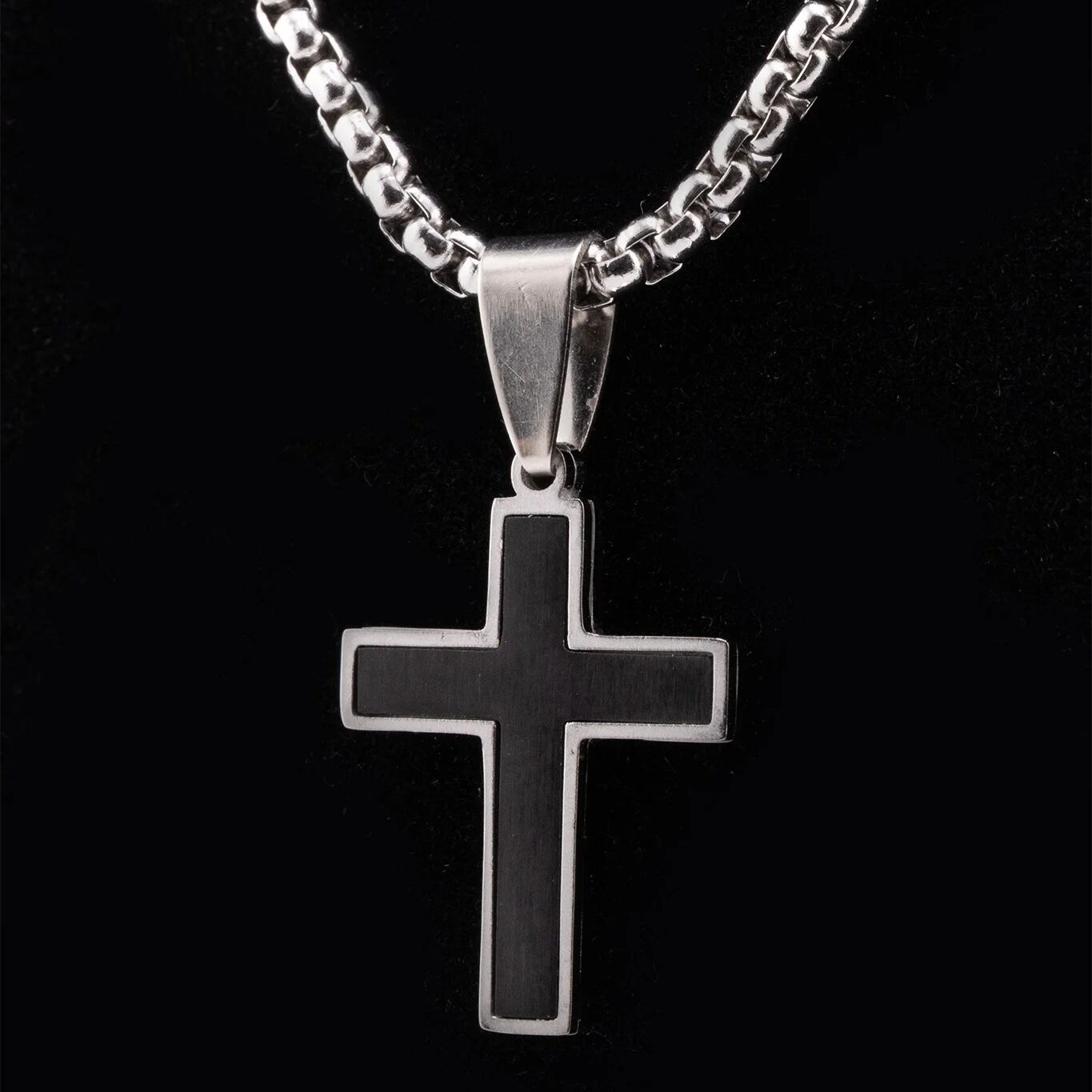 Mens Matte Black Stainless Steel Cross- silver studio 