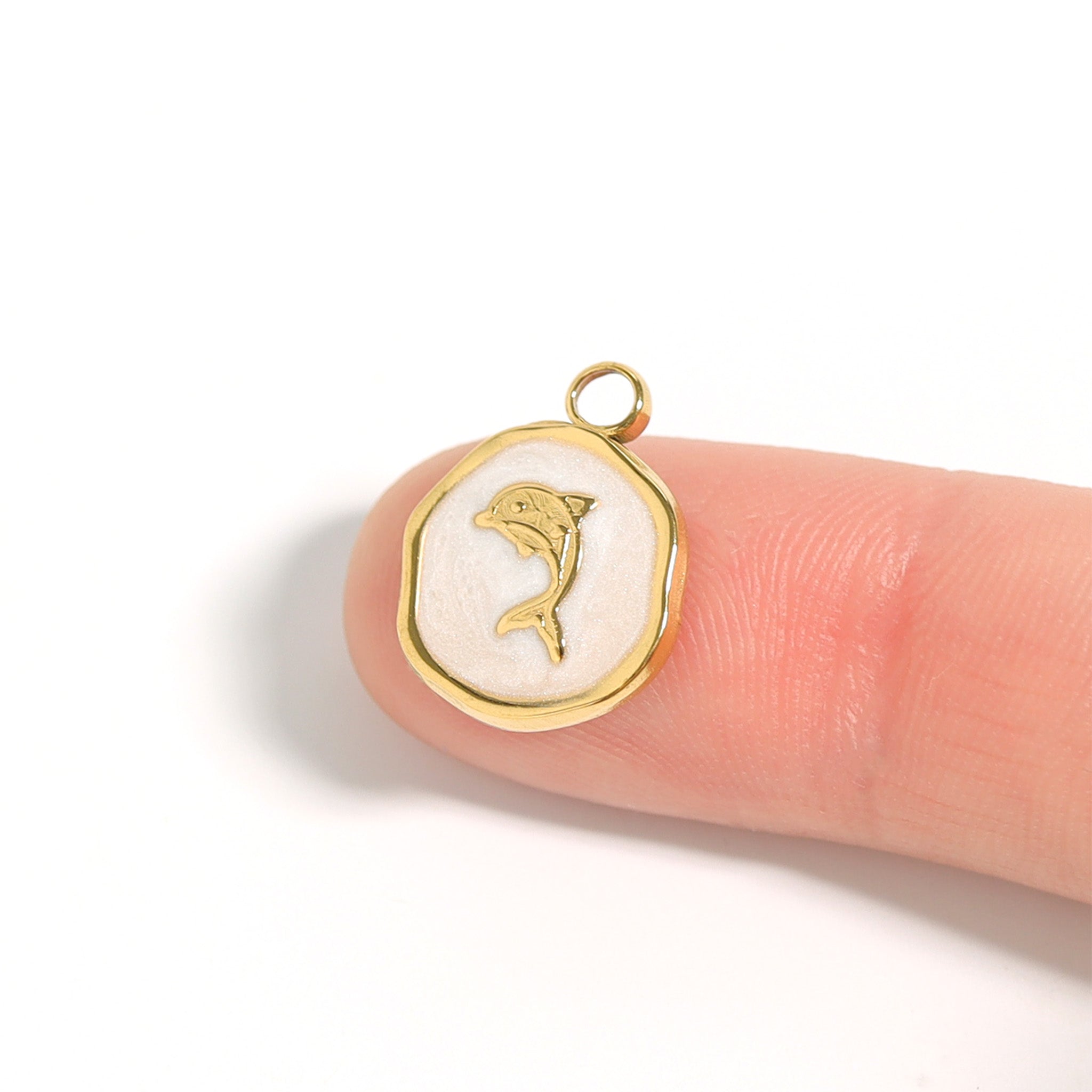 18K Gold Dolphin Charm – Waterproof White Epoxy Nautical Jewelry Pendant