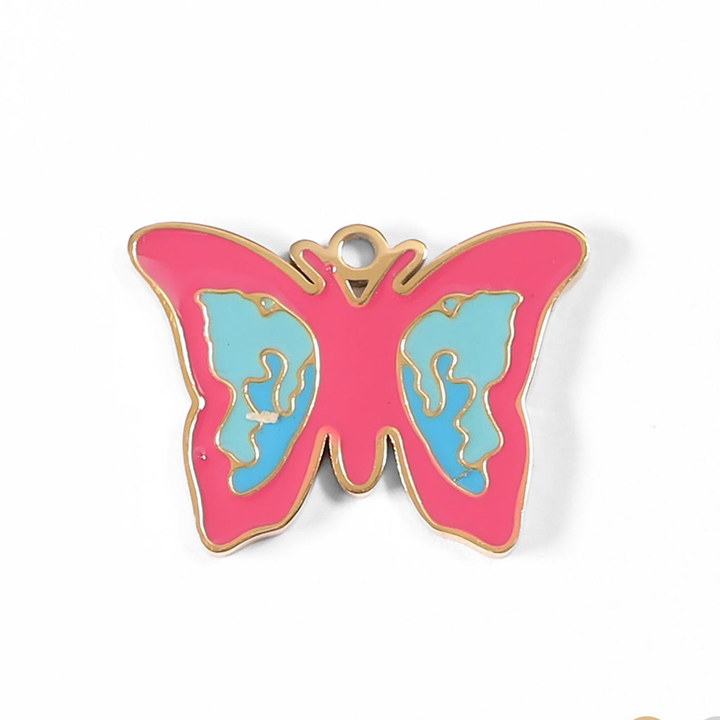 Gold Butterfly Charm – Enamel Pendant Pink Blue | 18K PVD Coated Stainless Steel Jewelry