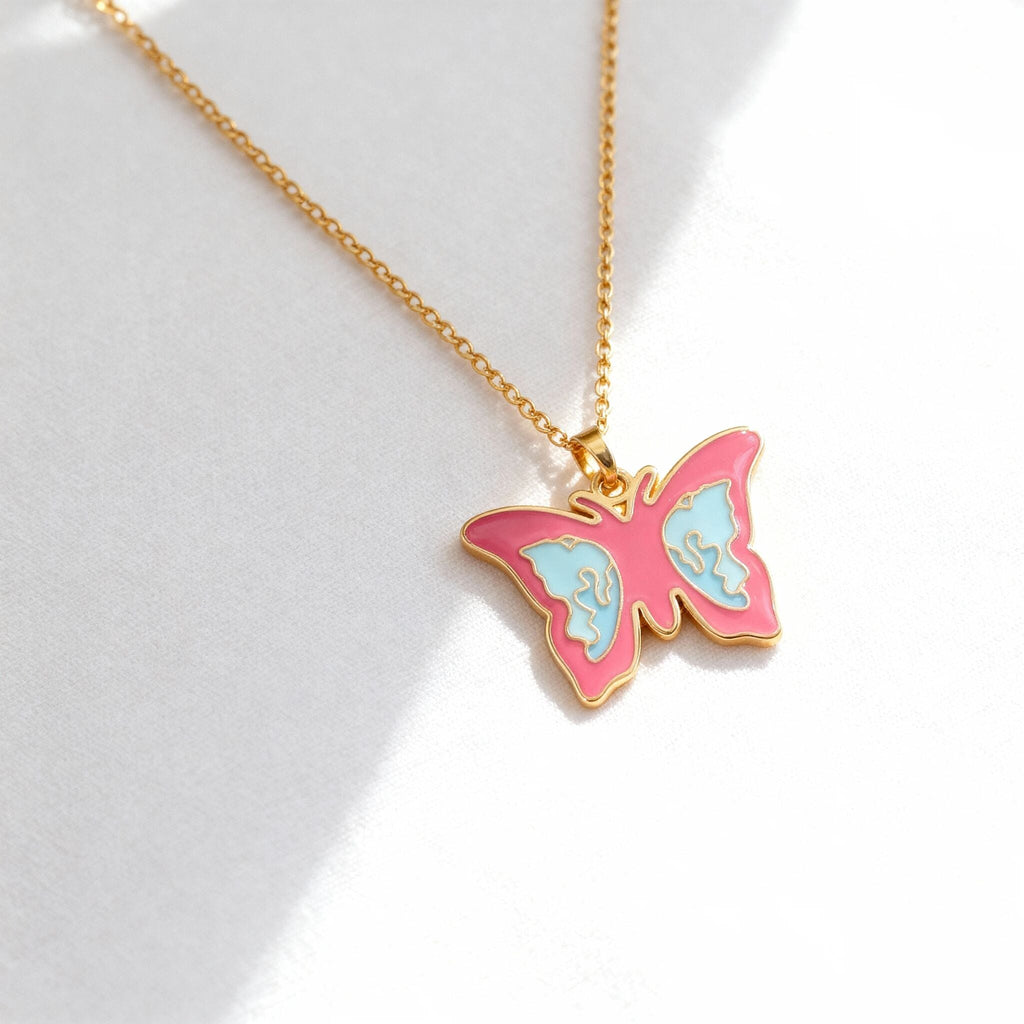 Gold Butterfly Charm – Enamel Pendant Pink Blue | 18K PVD Coated Stainless Steel Jewelry