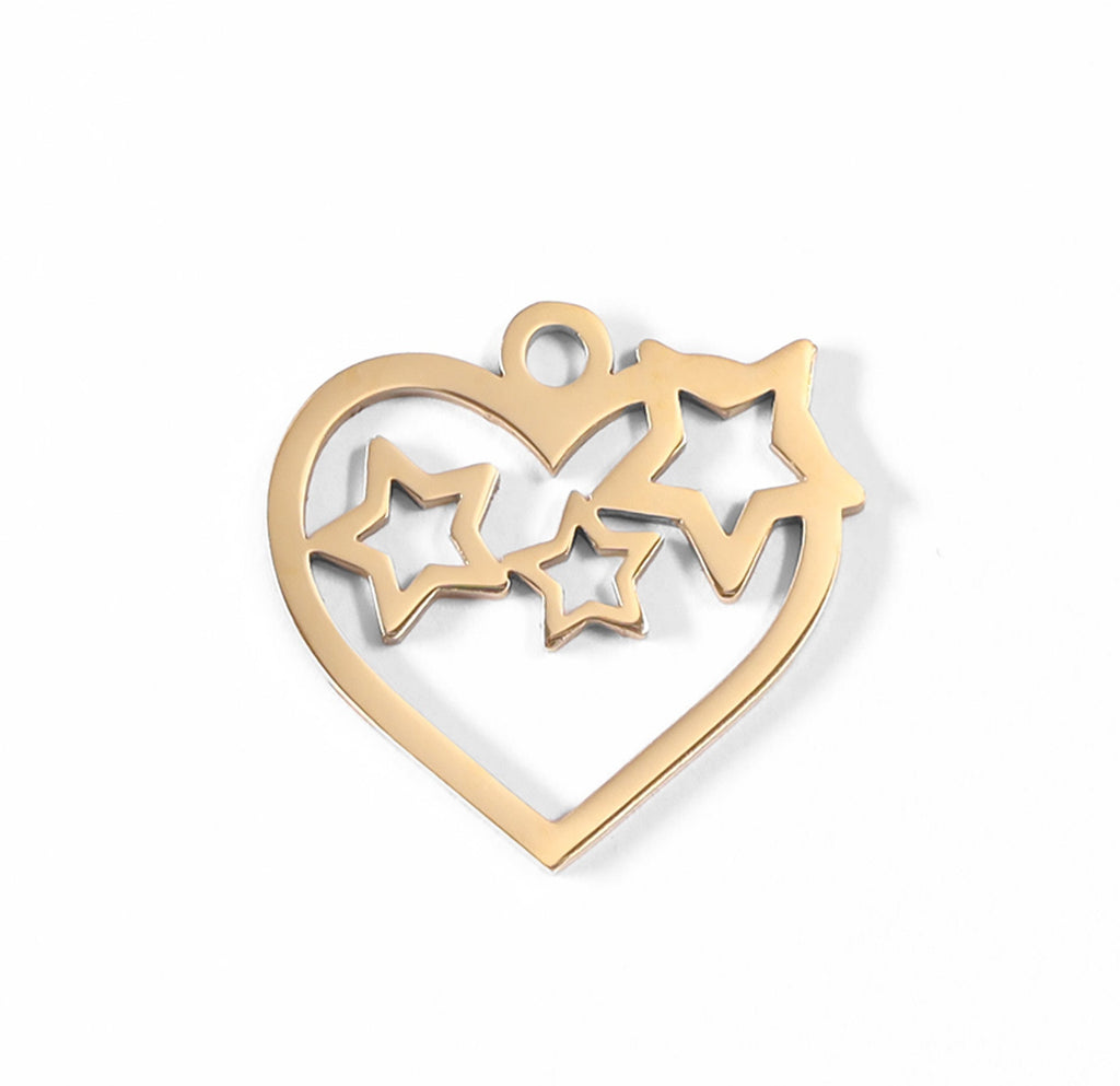 Gold Heart Charm – 18K Gold Pendant With Cutout Stars | Waterproof Stainless Steel