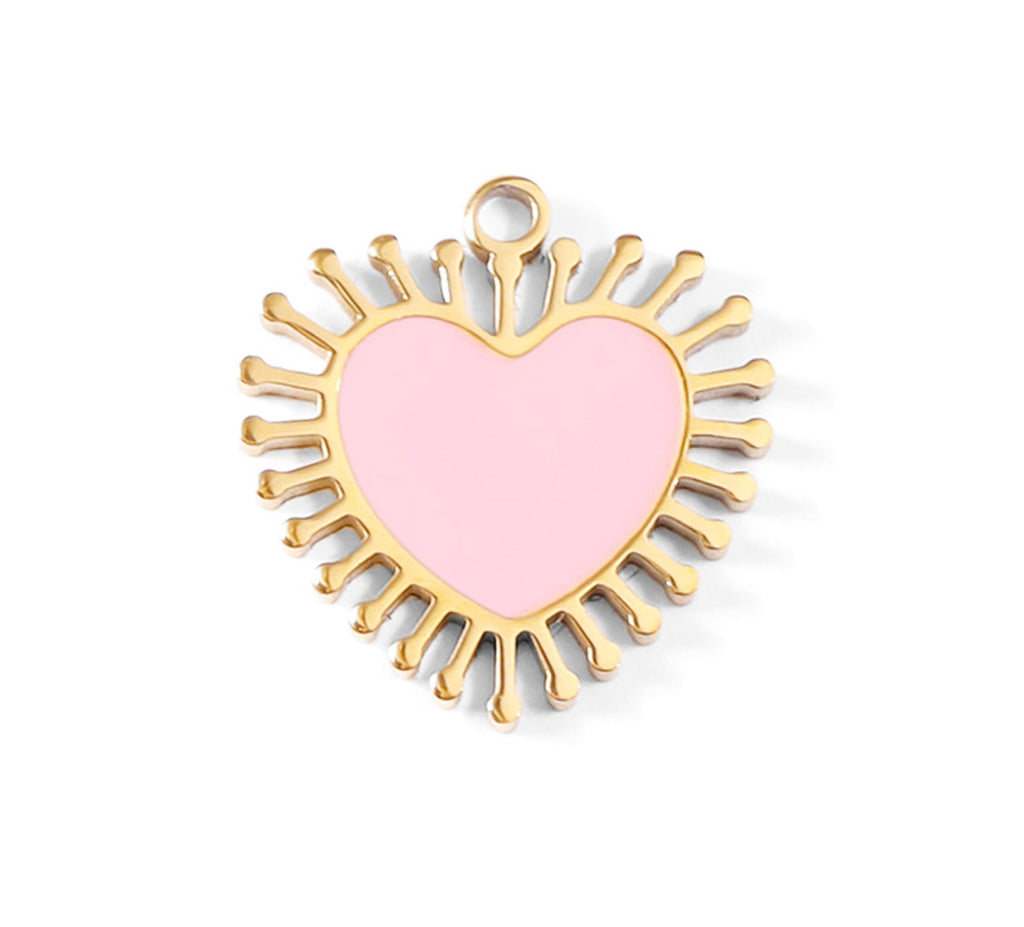 Pink Heart Charm - 18K Gold PVD Stainless Steel Sun Ray Pendant Accessory